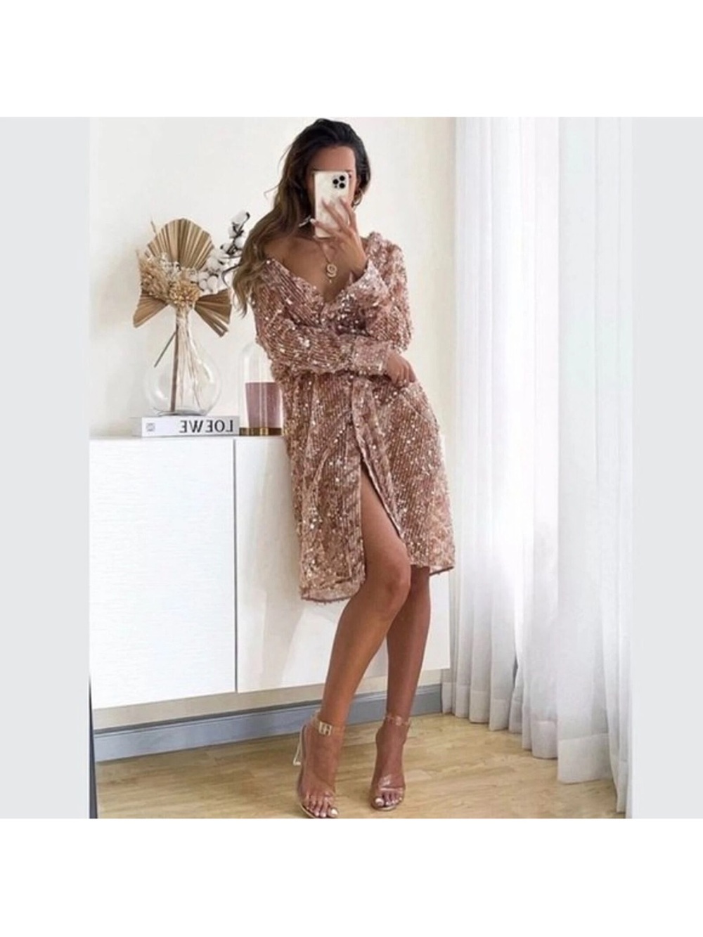 Zara Rose Gold Sequin Midi Dress - Picture 3 of 4